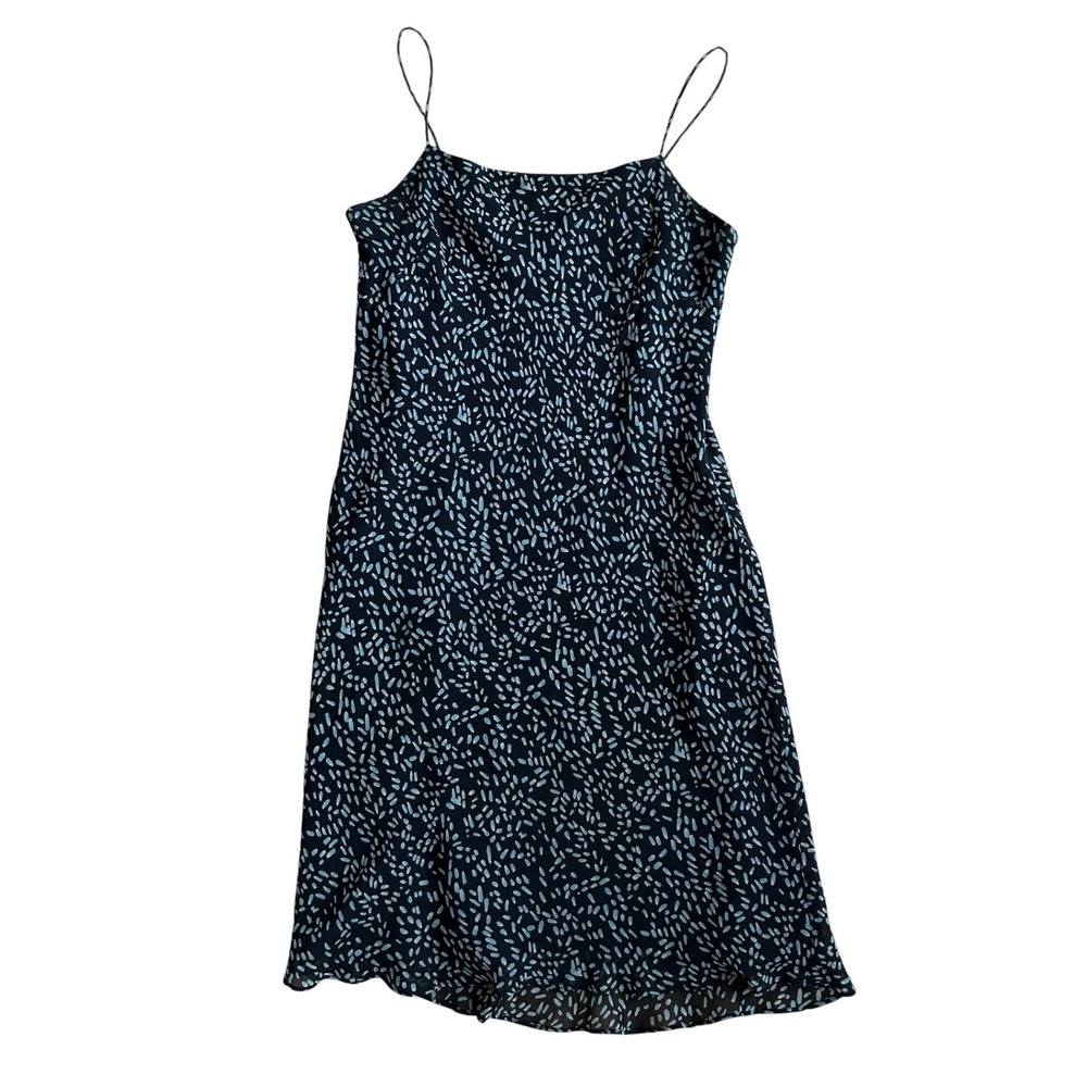 Ann Taylor Petites‎ Vintage 100% Silk Slip Dress Black Blue Dash Print 8P Fairy